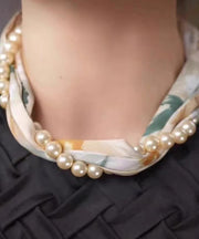 Style Yellow Silk Print Pearl Silk Scarf Choker