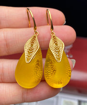 Style Yellow Sterling Silver Overgild Inlaid Beeswax Amberr Water Drop Drop Earrings