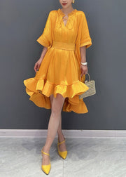 Style Yellow V Neck Low High Design Long Dress Summer