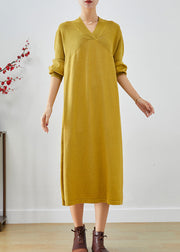 Style Yellow V Neck Patchwork Knit Holiday Dress Fall