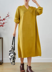 Style Yellow V Neck Patchwork Knit Holiday Dress Fall