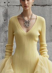 Style Yellow V Neck Patchwork Tulle Knitwear Dress Flare Sleeve