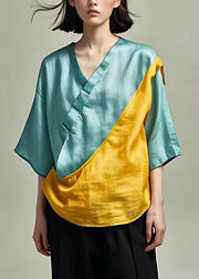 Style Yellow V Neck Silk Top Short Sleeve