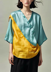 Style Yellow V Neck Silk Top Short Sleeve