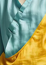 Style Yellow V Neck Silk Top Short Sleeve