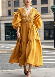 Style Yellow V Neck Silm Fit Vestidos Dress Lantern Sleeve