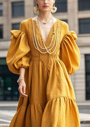 Style Yellow V Neck Silm Fit Vestidos Dress Lantern Sleeve