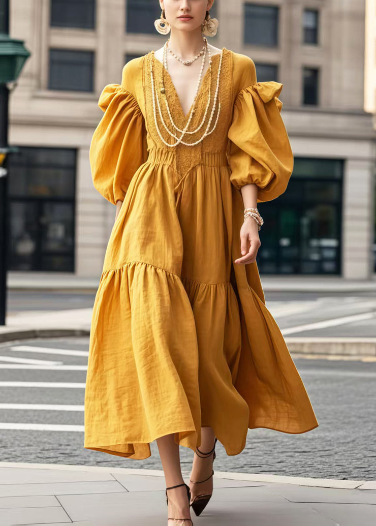 Style Yellow V Neck Silm Fit Vestidos Dress Lantern Sleeve