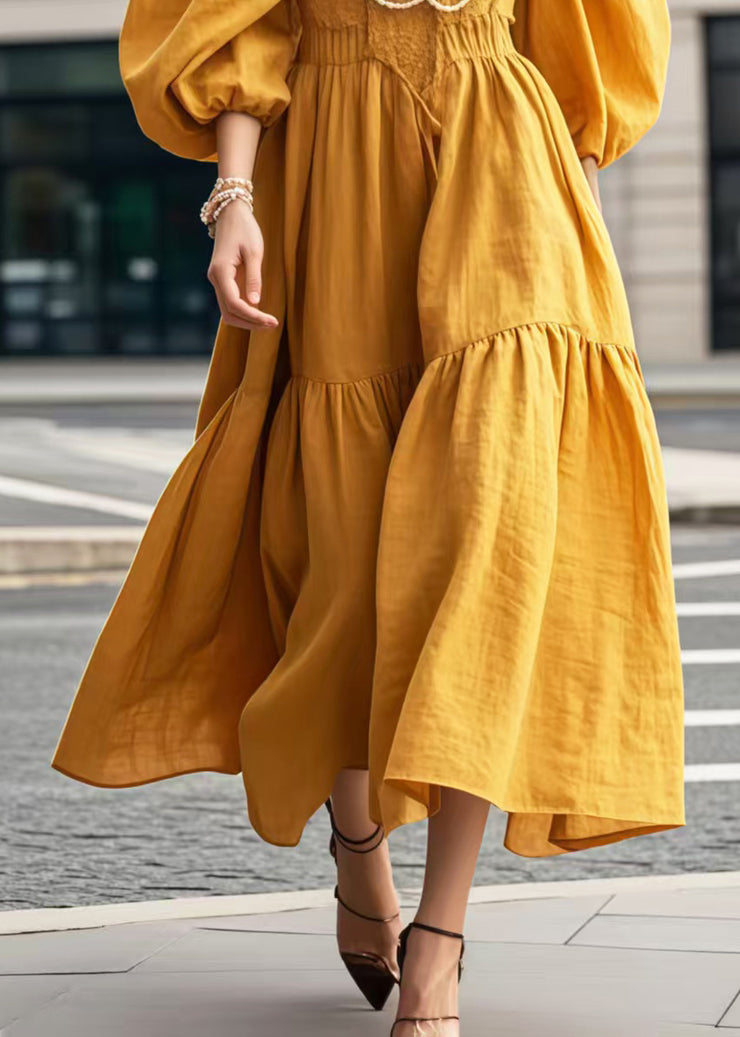 Style Yellow V Neck Silm Fit Vestidos Dress Lantern Sleeve