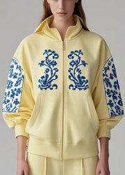 Style Yellow Zip Up Patchwork Print Cotton Coat Fall