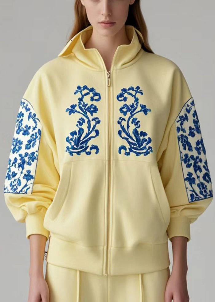 Style Yellow Zip Up Patchwork Print Cotton Coat Fall