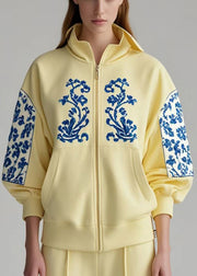 Style Yellow Zip Up Patchwork Print Cotton Coat Fall