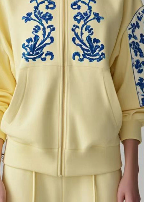 Style Yellow Zip Up Patchwork Print Cotton Coat Fall