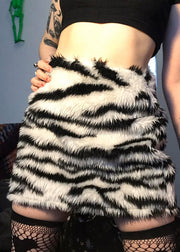 Style Zebra Pattern Black High Waist Faux Fur Skirt Spring