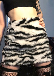 Style Zebra Pattern Black High Waist Faux Fur Skirt Spring