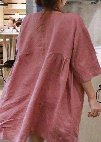 Style pink cotton linen outfit o neck Cinched A Line summer Dresses - SooLinen