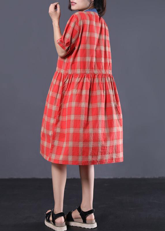 Style red plaid cotton clothes For Women patchwork color long summer Dresses