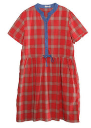 Style red plaid cotton clothes For Women patchwork color long summer Dresses