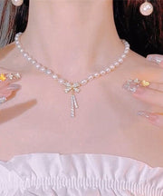 Stylish Alloy Pearl Zircon Bow Graduated Bead Necklace