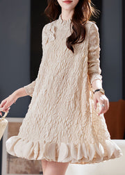 Stylish Apricot Embroidered Nail Bead Mid Dress Spring