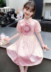 Stylish Apricot Embroideried Patchwork Button Girls Long Dress Summer