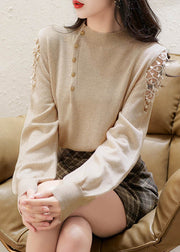 Stylish Apricot O Neck Hollow Out Woolen Knit Pullover Lantern Sleeve