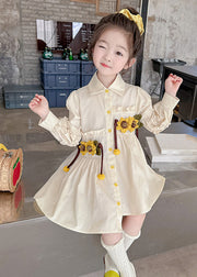 Stylish Apricot Peter Pan Collar Asymmetrical Wrinkled Floral Kids Long Shirts Dress Fall