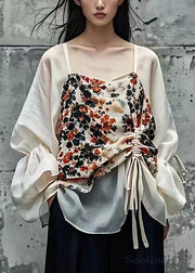 Stylish Apricot Print Lace Up Patchwork Cotton Shirts Fall