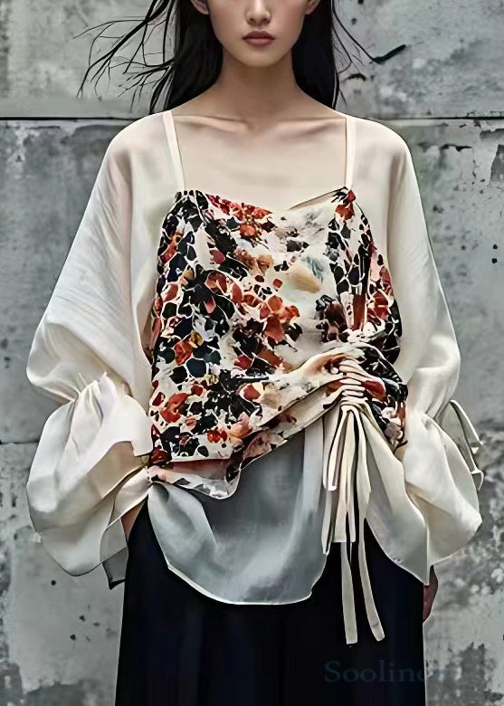 Stylish Apricot Print Lace Up Patchwork Cotton Shirts Fall