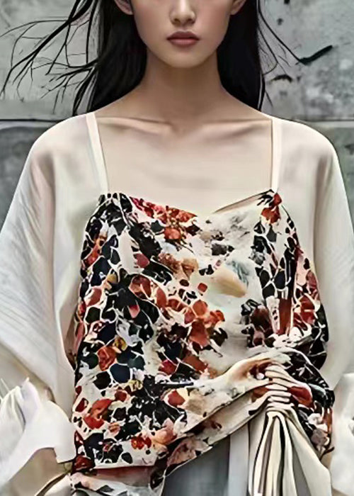 Stylish Apricot Print Lace Up Patchwork Cotton Shirts Fall