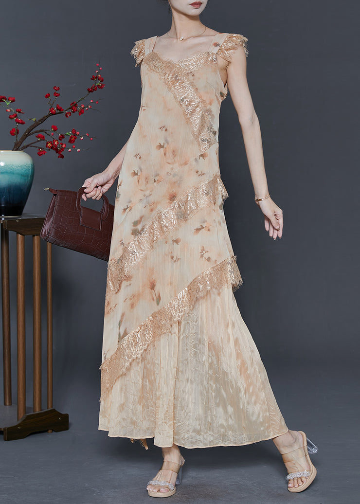 Stylish Apricot Print Patchwork Lace Holiday Dress Summer