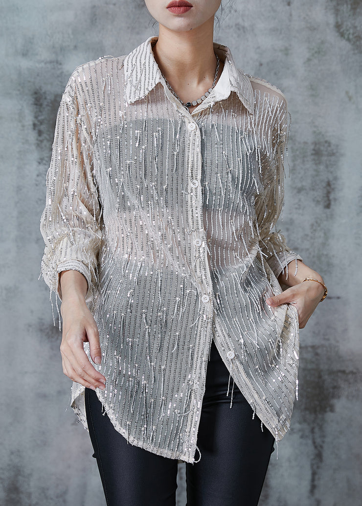 Stylish Apricot Sequins Tasseled Tulle Shirt Top Summer