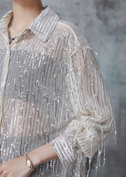 Stylish Apricot Sequins Tasseled Tulle Shirt Top Summer