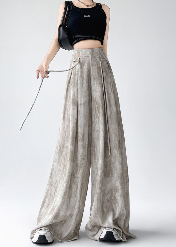 Stylish Apricot Tie Dye High Waist Ice Silk Wide Leg Pants Summer