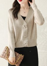 Stylish Apricot V Neck Button Knit Cardigans Fall