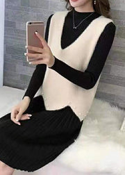 Stylish Apricot V Neck Nail Bead Mink Hair Knitted Vest Sleeveless