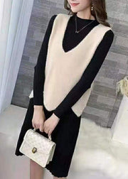 Stylish Apricot V Neck Nail Bead Mink Hair Knitted Vest Sleeveless