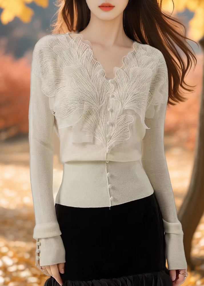 Stylish Apricot V Neck Ruffled Lace Patchwork Knit Sweaters Spring