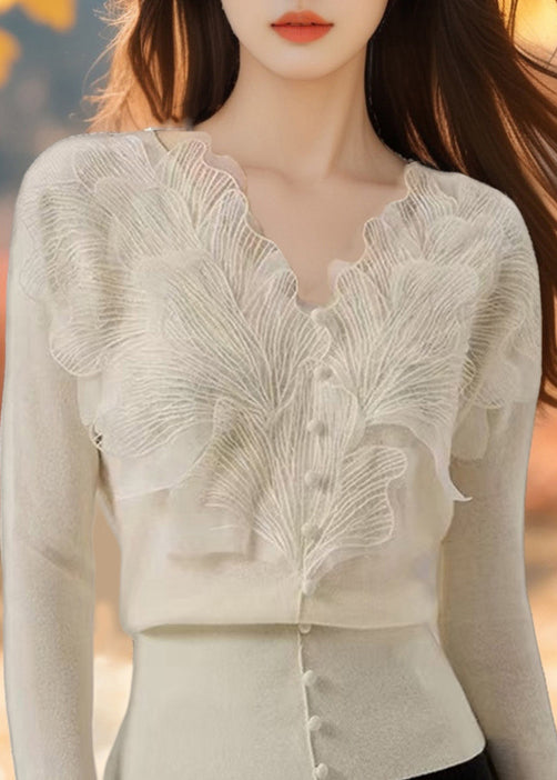 Stylish Apricot V Neck Ruffled Lace Patchwork Knit Sweaters Spring