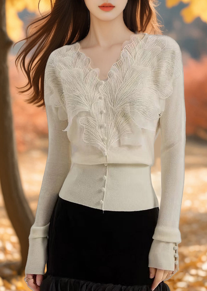 Stylish Apricot V Neck Ruffled Lace Patchwork Knit Sweaters Spring