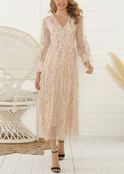 Stylish Apricot V Neck Sequins Tulle Long Dresses Spring