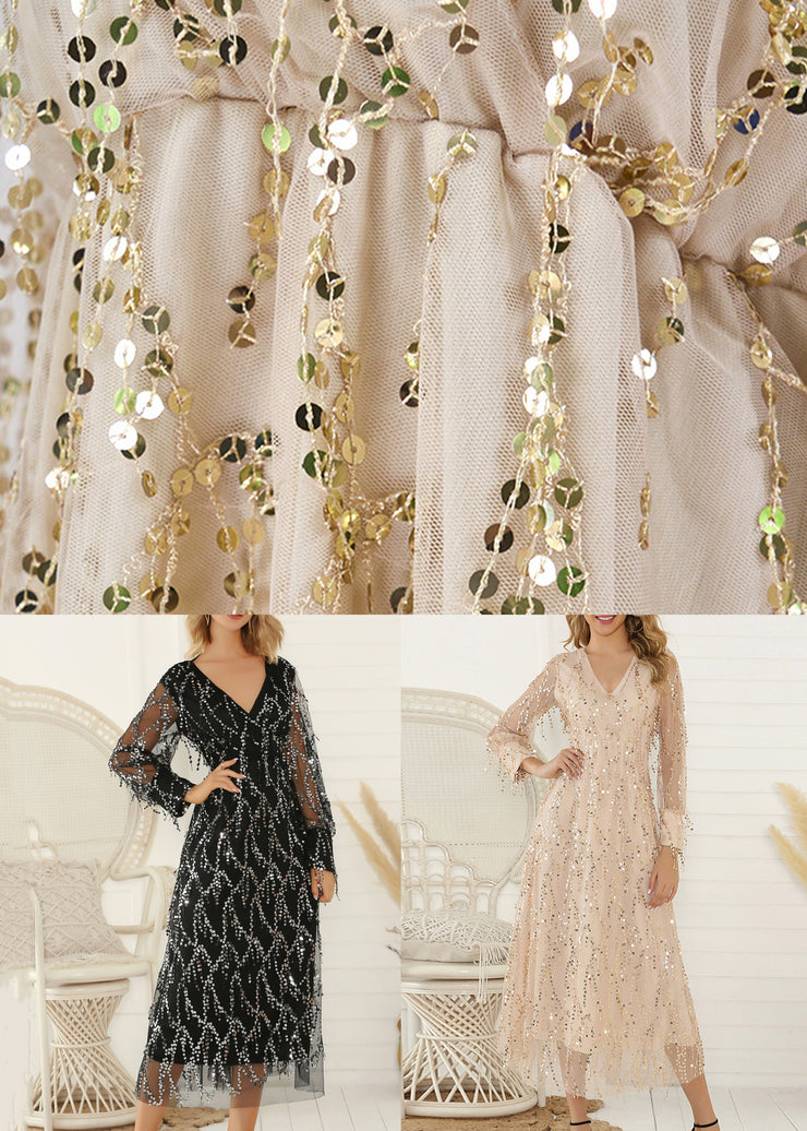 Stylish Apricot V Neck Sequins Tulle Long Dresses Spring