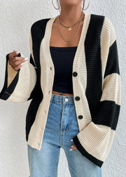 Stylish Apricot V Neck Striped Knit Loose Coat Fall