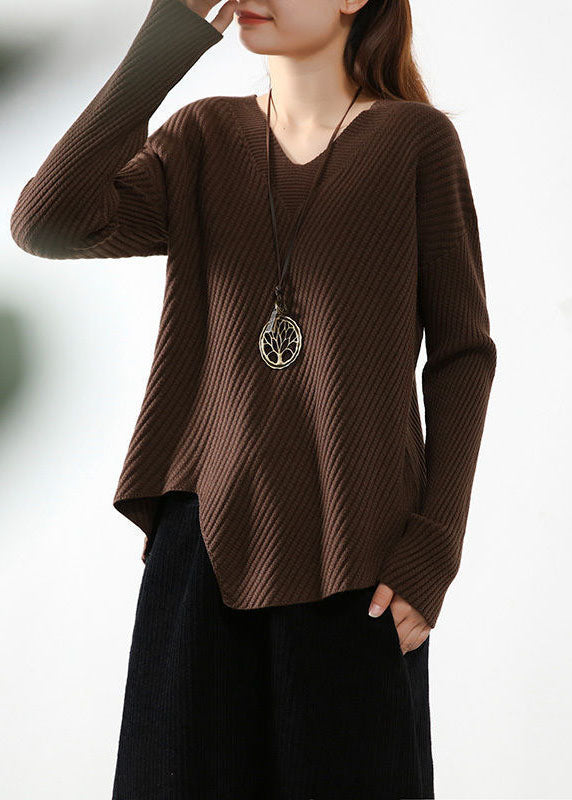 Stylish Apricot V Neck asymmetrical design Fall Knit sweaters