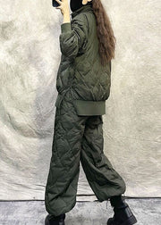 Stylish Army Green Fine Cotton Filled Two Piece Set Outfits Winter