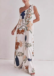 Stylish Asymmetrical Print Lace Up Cotton Maxi Dresses Sleeveless