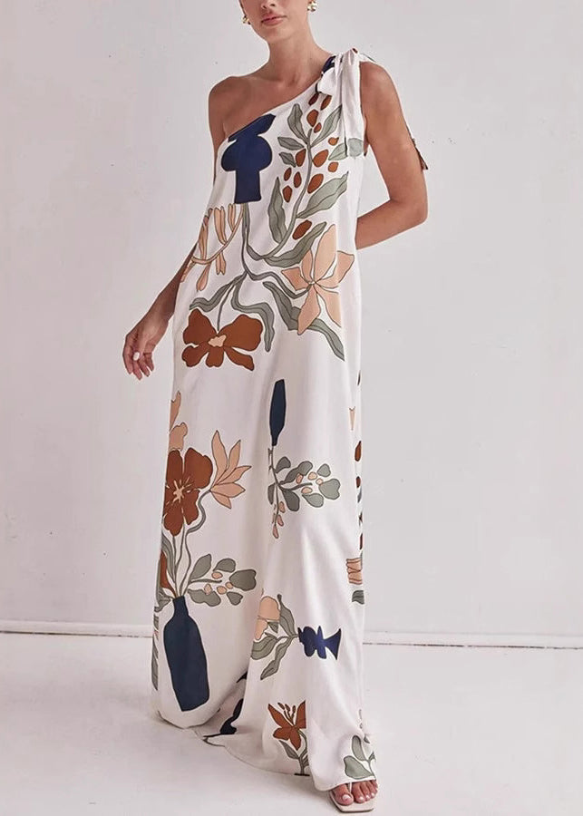 Stylish Asymmetrical Print Lace Up Cotton Maxi Dresses Sleeveless