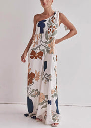 Stylish Asymmetrical Print Lace Up Cotton Maxi Dresses Sleeveless