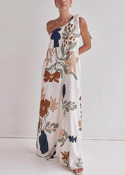 Stylish Asymmetrical Print Lace Up Cotton Maxi Dresses Sleeveless