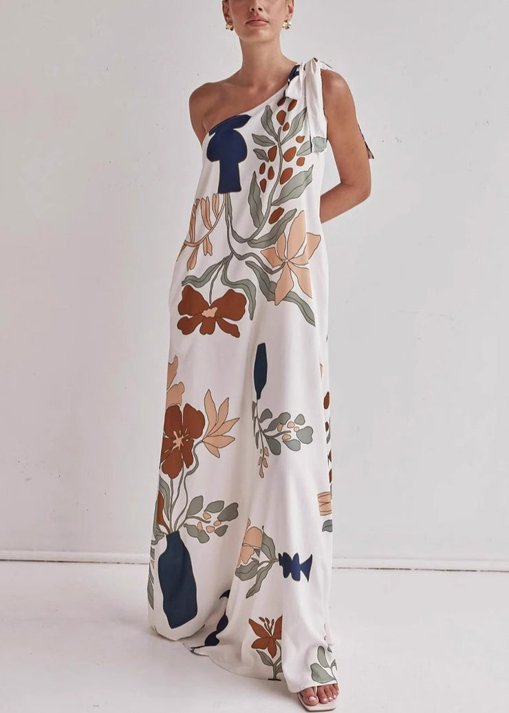 Stylish Asymmetrical Print Lace Up Cotton Maxi Dresses Sleeveless